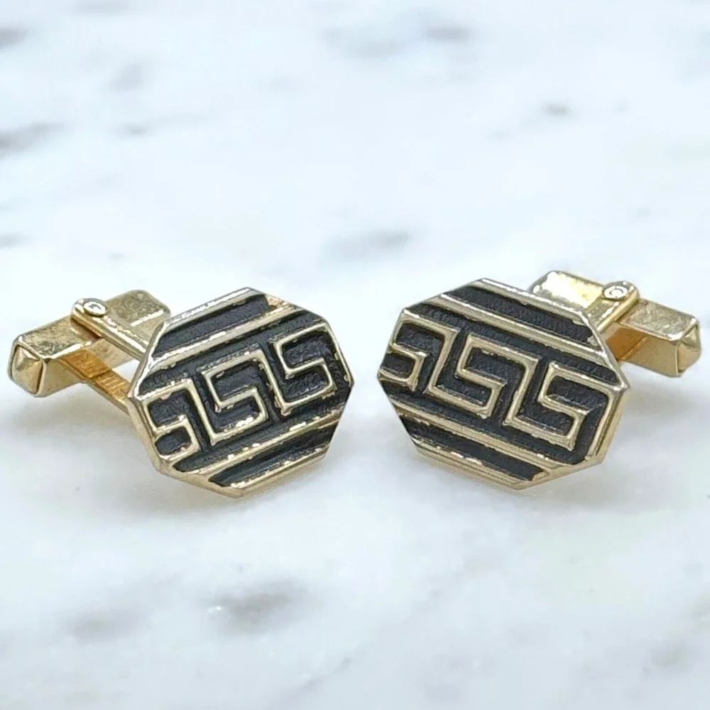 Vintage SWANK Gold Tone & Black Meander Greek Pattern Bullet Back Cufflinks